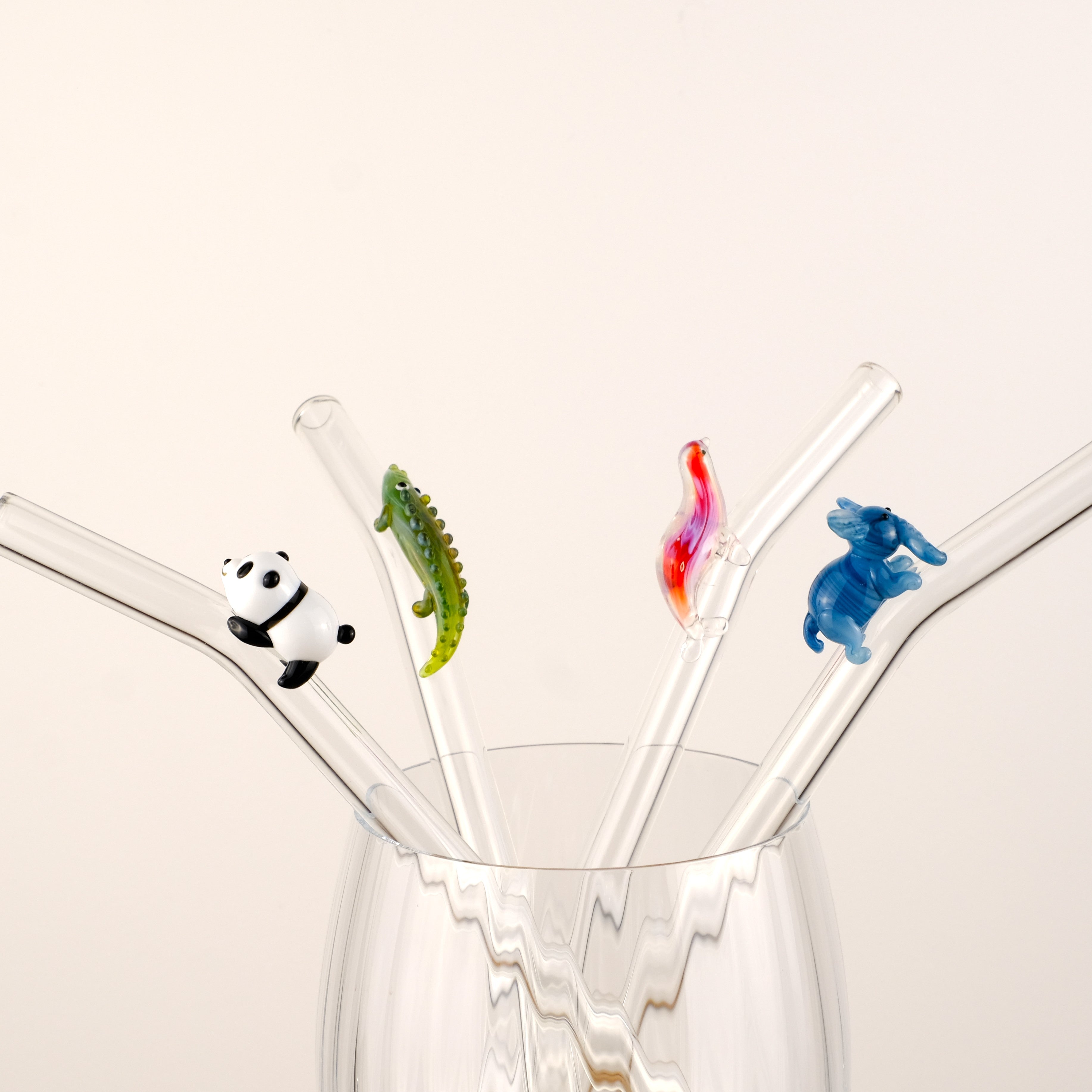 4 glass straws with panda, crocodile, sea lion, elephant